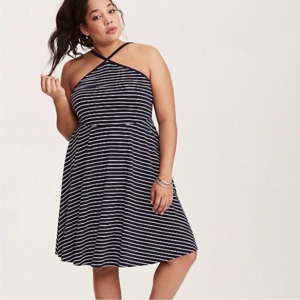 Torrid Navy White Stripe Cross Halter Skater Dress Size 4